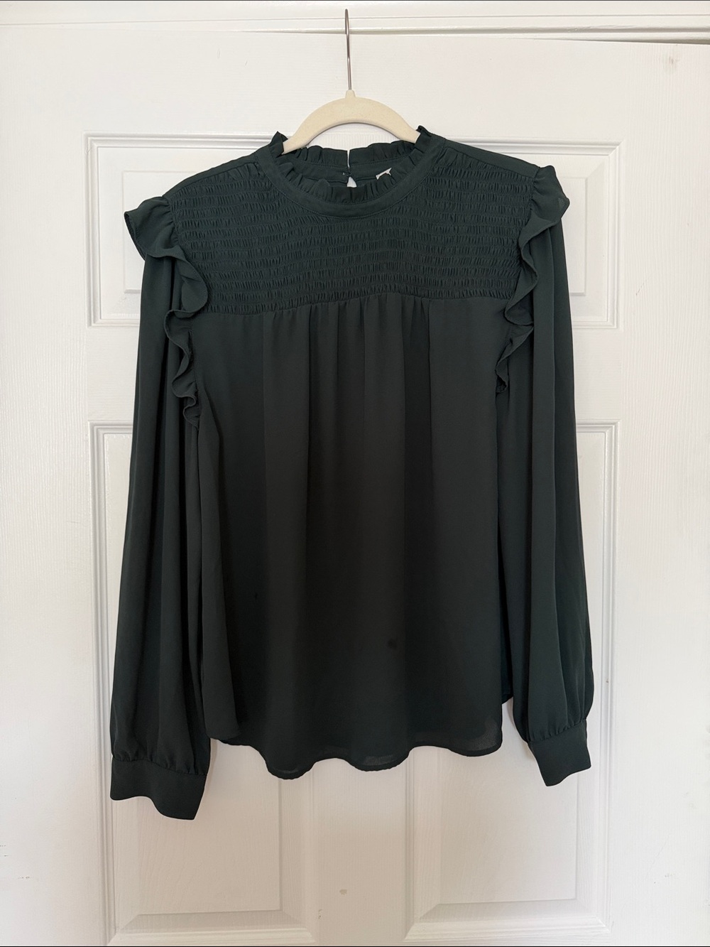 LOFT Dark Green Smocked Ruffle Long-Sleeve Blouse